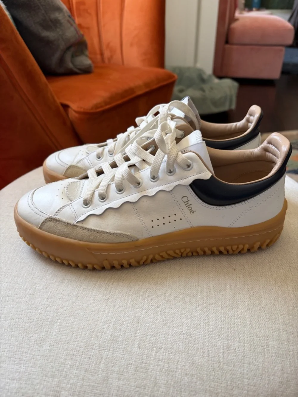 Chloé White & Tan Platform Sneakers - Picture 3 of 6
